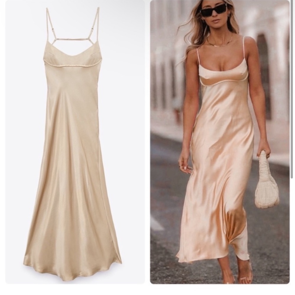 Zara Satin Effect Cut Out Dress in Champagne
